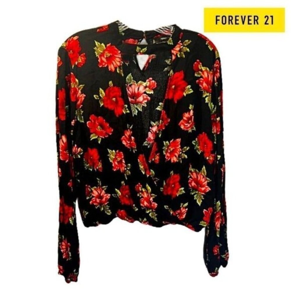 FOREVER 21	Women's Floral Choker-Cutout‎ Faux Wrap Long sleeve Top